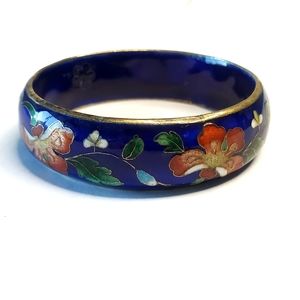 Vintage Cloisonné Cobalt Blue + Gold Lotus Flower Bangle Bracelets